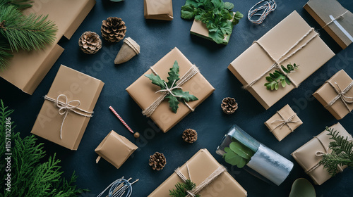 Creative Flat Lay of Eco-Friendly Packaging Featuring Paper Wraps, Reusable Boxes, and Recycled Materials for Sustainable Shipping Practices in a Brand Advertisement