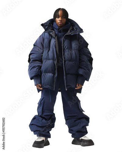Oversized Navy Blue Puffer Jacket and Cargo Pants Fashion Lookbook