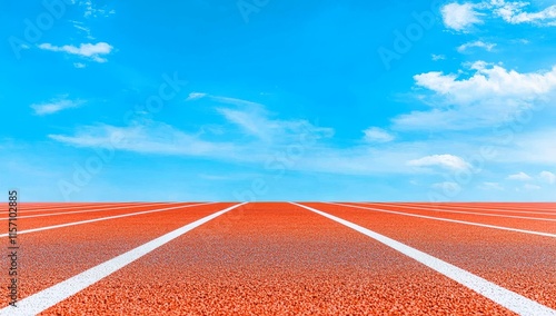 A detailed shot of white running track lines on a textured red asphalt surface, emphasizing the minimalist design and creating a striking contrast between the markings and the ground. photo