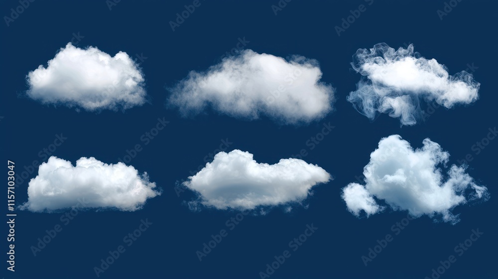 Fototapeta premium Collection of six realistic white clouds isolated on a dark blue background.