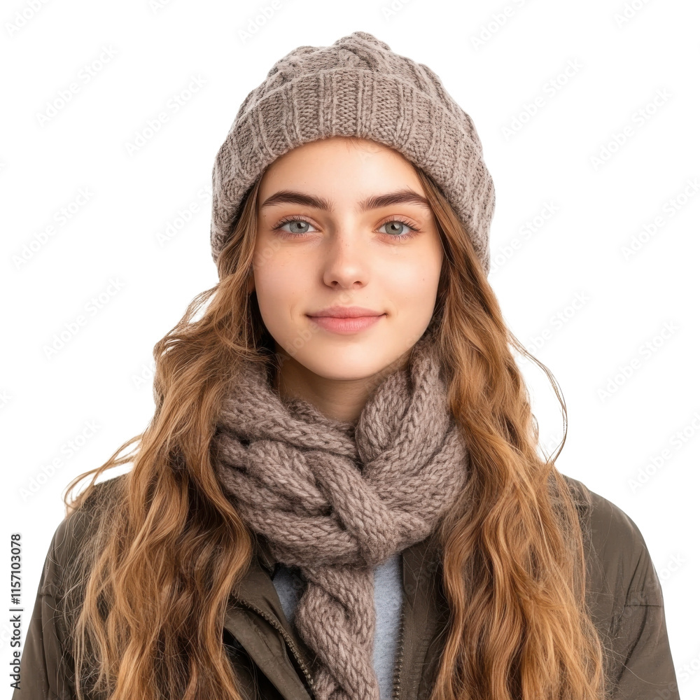 Caucasian woman with long wavy hair wearing beige knit beanie and brown scarf creating winter fashion portrait, transparent background Caucasian woman with long wavy hair wearing beige knit beanie and brown scarf creating winter fashion portrait, transparent background