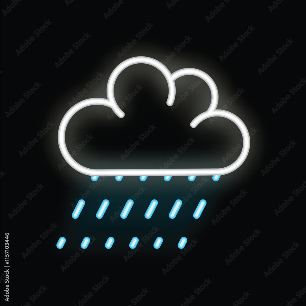 Bright white neon cloud pouring blue neon rain down on black background Bright white neon cloud pouring blue neon rain down on black background