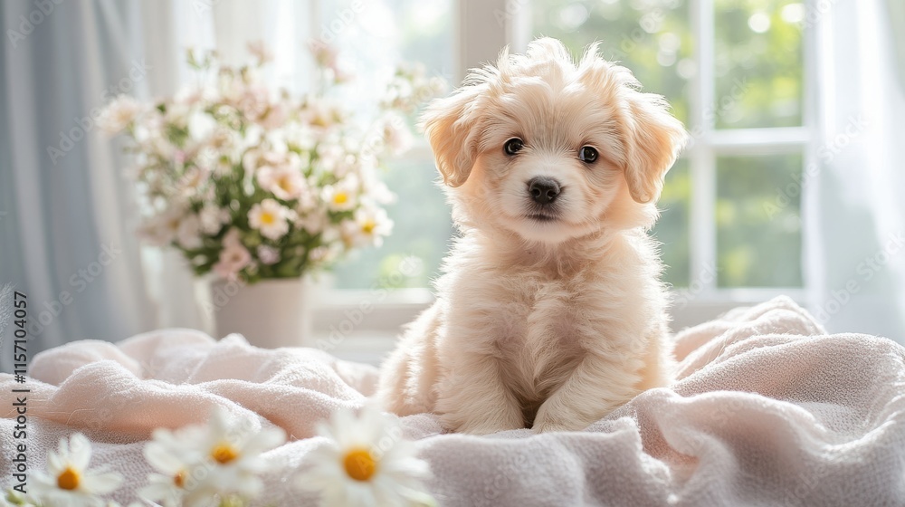 Fluffy puppy on pastel blanket with flowers and natural light Fluffy puppy on pastel blanket with flowers and natural light