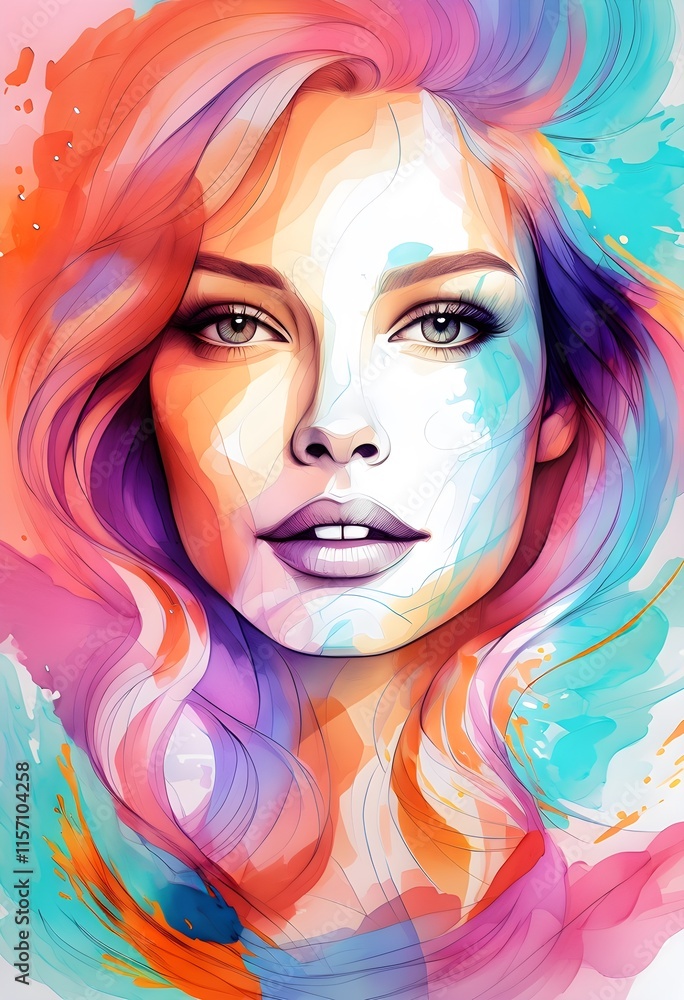 Luxurious Hand-Drawn Abstract Portrait with Coral, Lavender, and Turquoise Accents Luxurious Hand-Drawn Abstract Portrait with Coral, Lavender, and Turquoise Accents