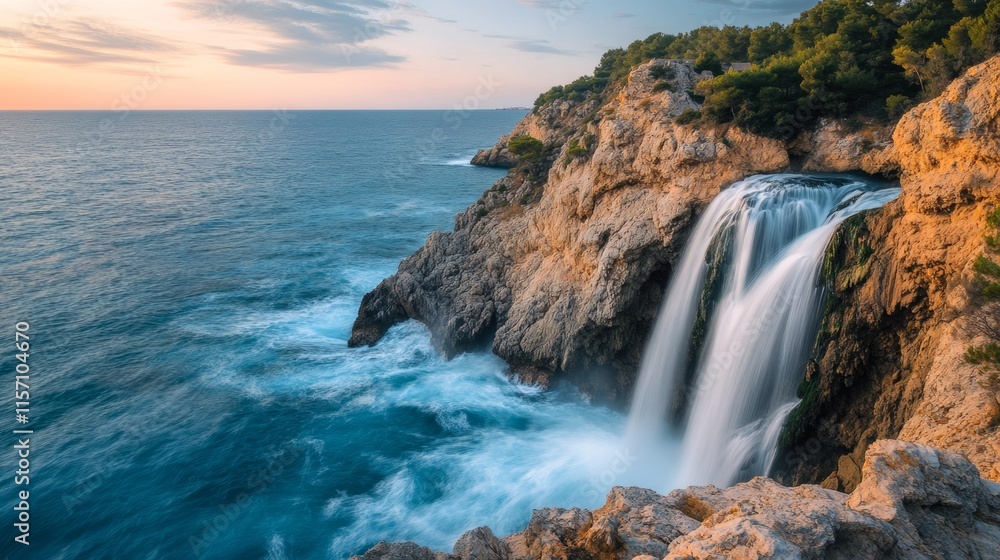 Fototapeta premium Majestic waterfall cascading from rocky cliffs into the Mediterranean Sea at sunset