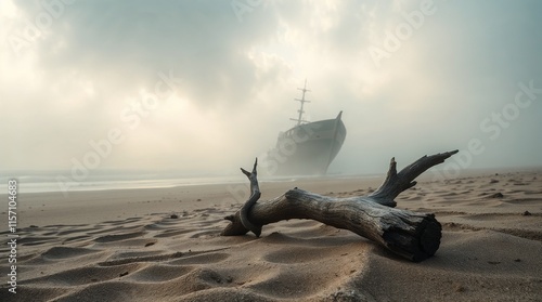 Shipwreck on a desolate beach with driftwood, evoking mystery and the passage of time in a moody atmosphere photo