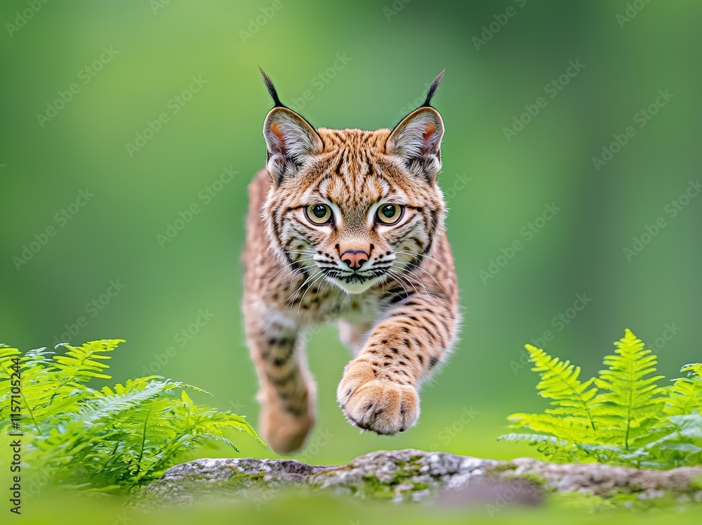 A lively bobcat dashing through a verdant forest, with space for text, encapsulating the spirit of wildlife in motion—ideal for nature-themed projects. A lively bobcat dashing through a verdant forest, with space for text, encapsulating the spirit of wildlife in motion—ideal for nature-themed projects.
