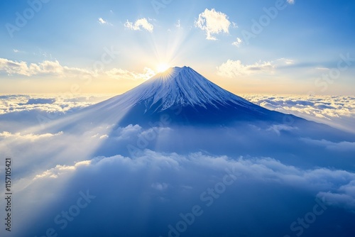 A mesmerizing sunrise view over a cloud-covered peak enveloped in a tranquil sky, with rays of light spreading across, symbolizing hope and renewed beginnings. photo