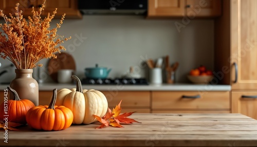 Autumnal kitchen scene with pumpkins on wooden table. Decorated with dried flowers, fall leaves. Warm, inviting interior setting. Ample copy space for product placement. Perfect for fall products. photo