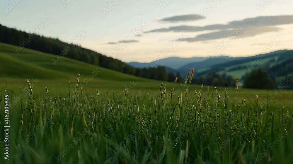 Sunset over green grass fields and rolling hills in a serene countryside landscape Sunset over green grass fields and rolling hills in a serene countryside landscape