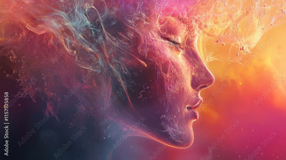 Abstract Portrait: A fiery feminine essence, a digital painting of a woman's face engulfed in swirling, vibrant colors resembling cosmic nebulae and fire. Abstract Portrait: A fiery feminine essence, a digital painting of a woman's face engulfed in swirling, vibrant colors resembling cosmic nebulae and fire.