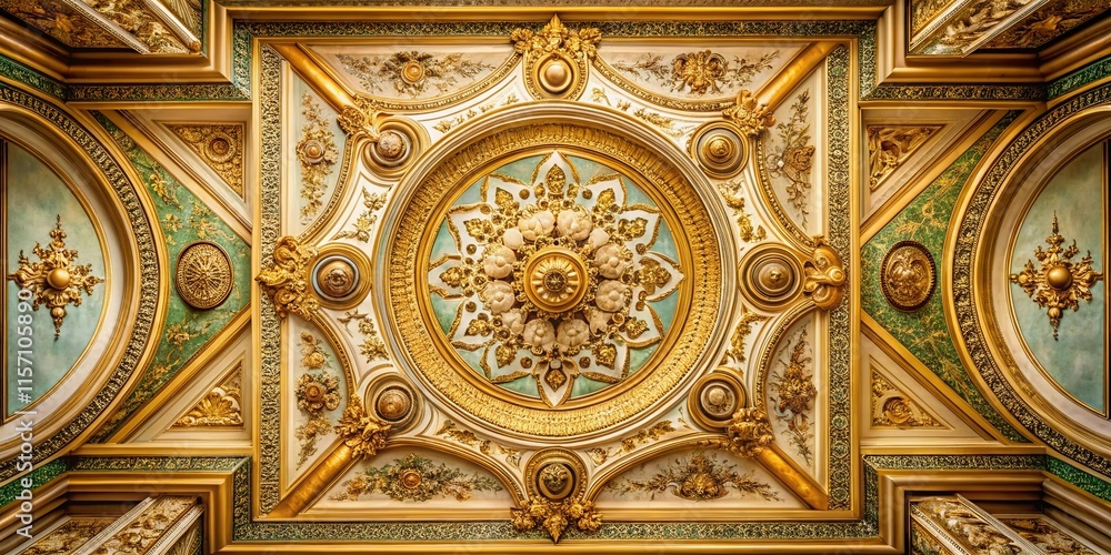 Obraz premium Vintage Symmetrical 3D Ceiling Painting with Gold Accents on Beige Marble