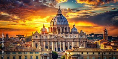 Vintage Sunset over St. Peter's Basilica, Rome, Italy