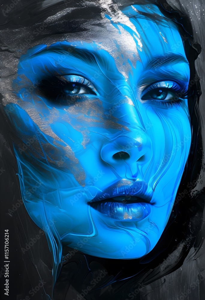 Striking Abstract Woman’s Face in Electric Blue and Shimmering Silver with Charcoal Black Backdrop Striking Abstract Woman’s Face in Electric Blue and Shimmering Silver with Charcoal Black Backdrop