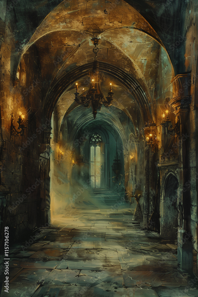 Fototapeta premium A long corridor in an old castle, lit by torches and chandeliers, a fantasy oil painting, dark and gloomy