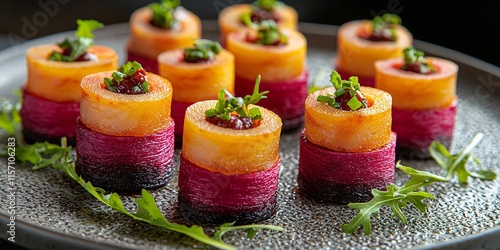 A high-angle shot of colorful appetizers plated symmetrically on a textured ceramic plate under soft studio lighting.