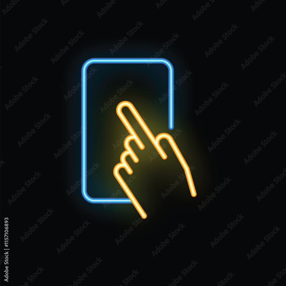 Glowing neon icon of a hand with a finger extended, pressing a button on a smartphone screen Glowing neon icon of a hand with a finger extended, pressing a button on a smartphone screen