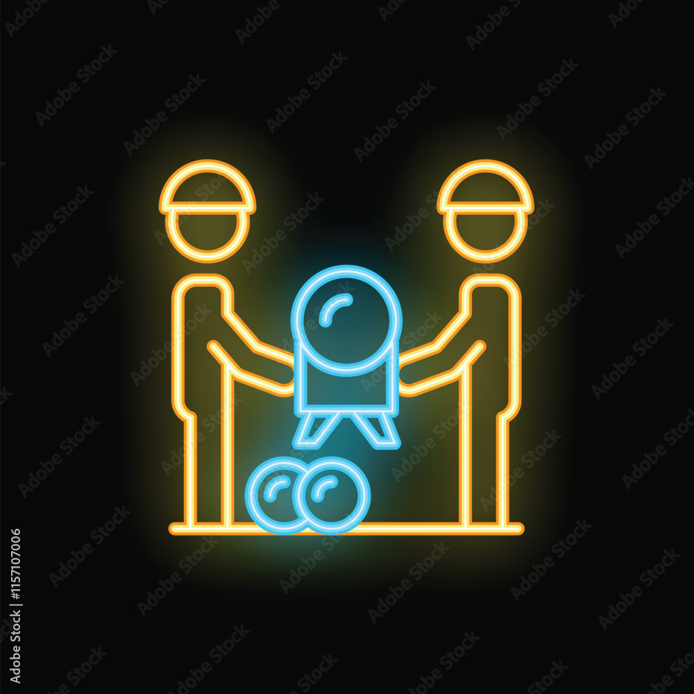Fototapeta premium Neon signboard style icon of two construction workers carrying a total station with a prism, used in geodesy and surveying