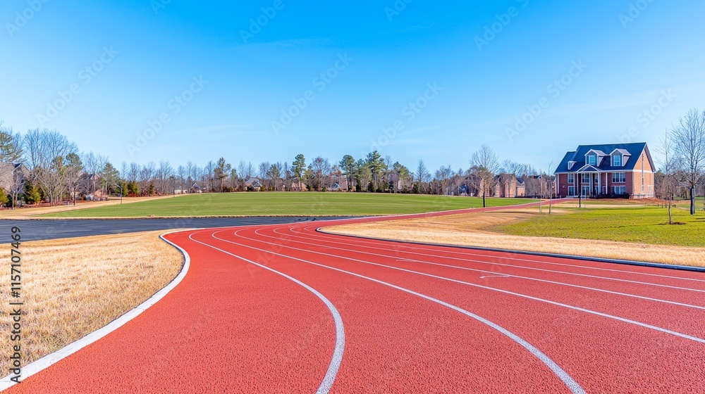 Fototapeta premium A sports stadium featuring a red synthetic track for running, track and field events, competitions, and exercise.