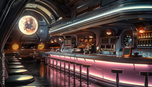 Fototapeta Naklejka Na Ścianę i Meble -  Interior design of a classy bar on a space station, sci fi, futuristic, 80's retro futurism, dark, lighting.