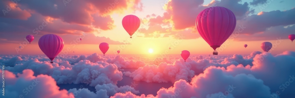 Obraz premium Sunrise panorama, vibrant pink & blue balloons ascending, happy, celebration