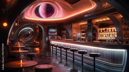 Fototapeta Naklejka Na Ścianę i Meble -  Interior design of a classy bar on a space station, sci fi, futuristic, 80's retro futurism, dark, lighting.