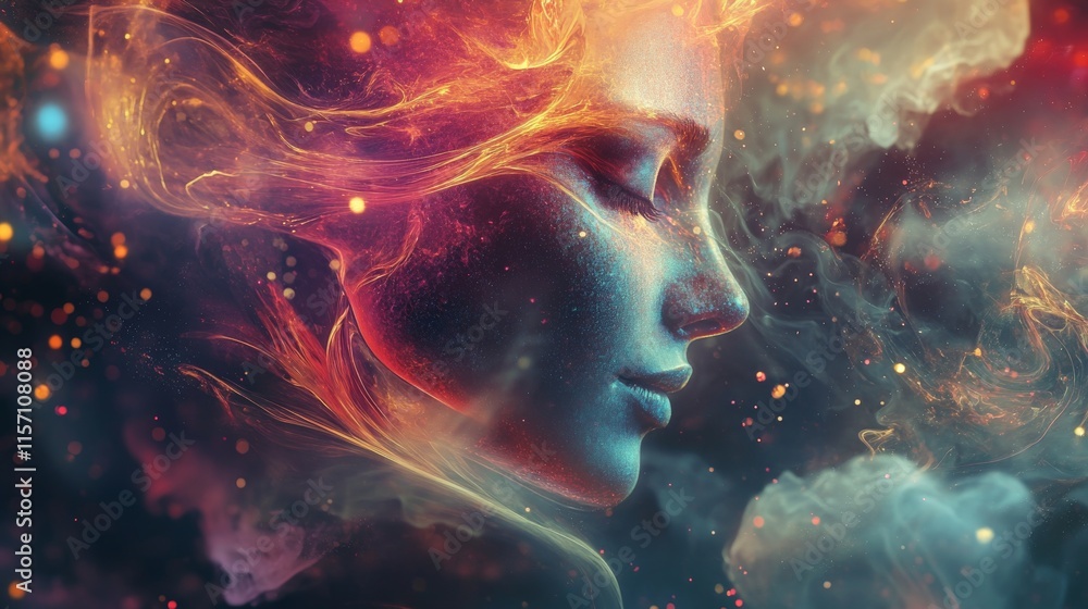 Fiery Enigma: A Woman's Face Emerging from Cosmic Nebula Fiery Enigma: A Woman's Face Emerging from Cosmic Nebula