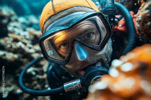 A diver wearing an orange cap and snorkel mask closely observed the underwater coral reef, capturing the rich marine life and vibrant colors in the ocean depths. photo