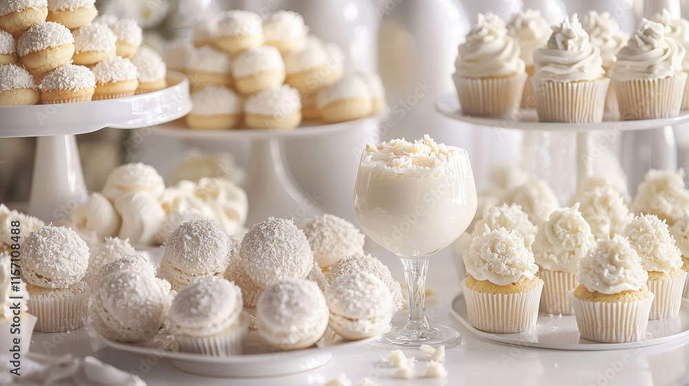 Serene White Dessert Table with Delicate Cupcakes and Sweet Treats Display Serene White Dessert Table with Delicate Cupcakes and Sweet Treats Display