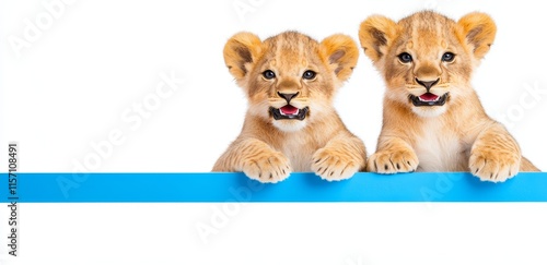 Charming lion cubs forming a delightful setting, ideal for wildlife-themed projects, family-focused campaigns, or educational materials for children. photo