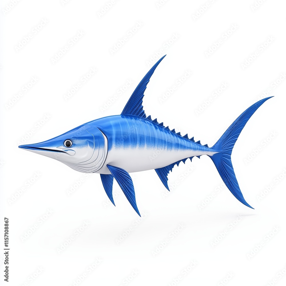 Obraz premium A lively and intricate depiction of a marlin fish with an elongated bill set against a white backdrop, ideal for ocean-themed projects and marine life education.