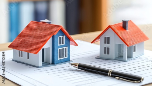 Examining several homeownership insurance alternatives, accompanied by model houses and documents on a wooden table.