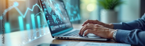 Businessperson analyzing data on laptop. Person using laptop to explore trends, insights from big data. Data driven decisions propel analytic industries. Person working in office environment.