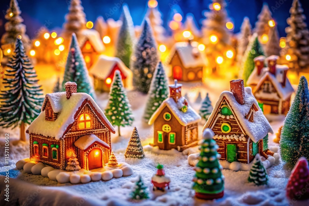 Naklejka premium Whimsical Gingerbread Village in a Miniature Winter Wonderland - Tilt-Shift Photography