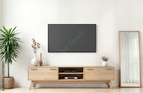 Minimalist living room interior design. Modern TV cabinet in light wood against white walls. Empty TV screen, decor. Simple plant, vases on cabinet. Modern home style. Elegant, spacious living area. photo