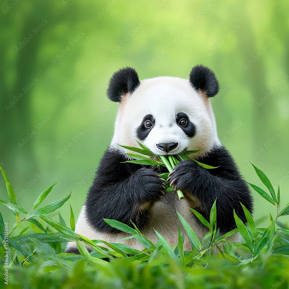 Naklejka premium A charming panda is enjoying bamboo in a vibrant green forest, where gentle sunlight streams through the trees, crafting a peaceful ambiance. This setting is perfect for wildlife conservation