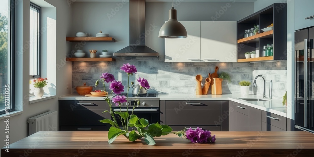 A kitchen with a sink, a bowl of fruit, and a vase of purple flowers. The kitchen is clean and well-organized, with a modern design. The vase of flowers adds a touch of color and life to the space A kitchen with a sink, a bowl of fruit, and a vase of purple flowers. The kitchen is clean and well-organized, with a modern design. The vase of flowers adds a touch of color and life to the space