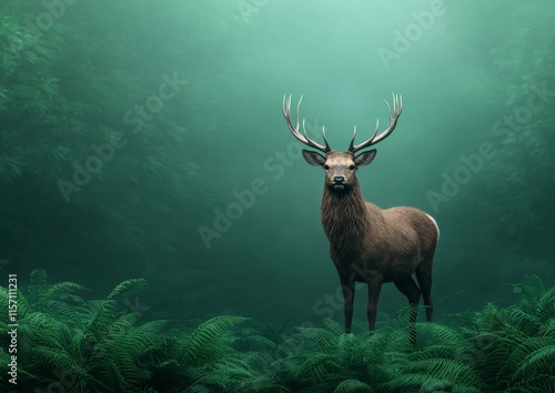 An elegant deer profile set in a lush jungle scene, excellent for nature-focused projects and promoting wildlife conservation, conveys a feeling of serenity and the charm of nature. photo