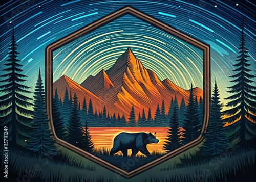 Wild Bear Adventure Camping Badge: Long Exposure Night Scene photo