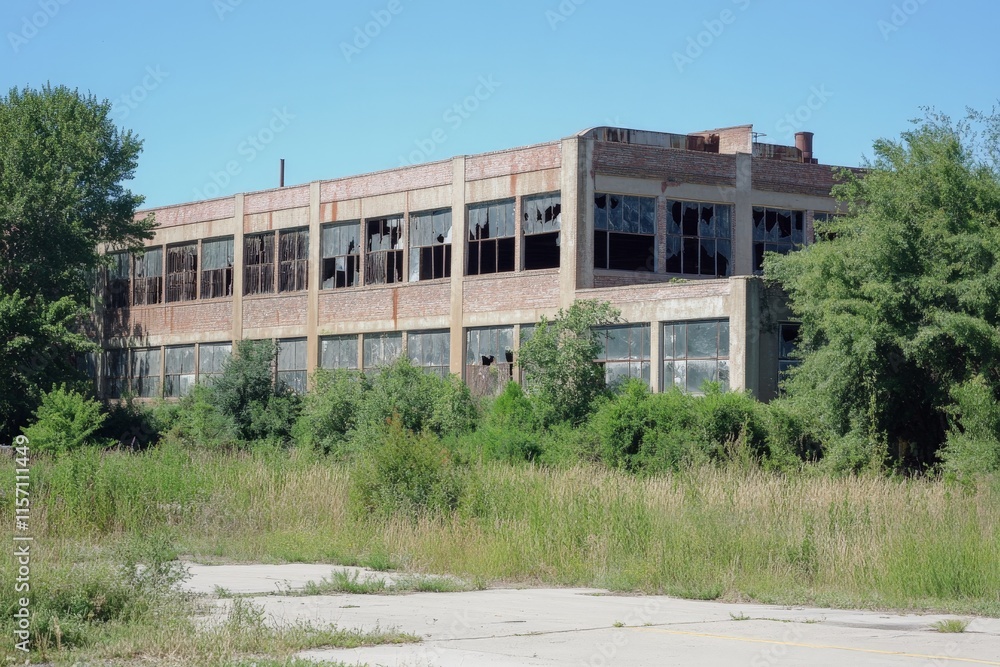 An old, deserted factory building stands amidst overgrown weeds and shrubs, reflecting the passage of time with its shattered windows and weathered facade. An old, deserted factory building stands amidst overgrown weeds and shrubs, reflecting the passage of time with its shattered windows and weathered facade.