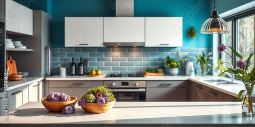 A kitchen with a marble countertop and a black hood. A vase of purple flowers sits on the counter
