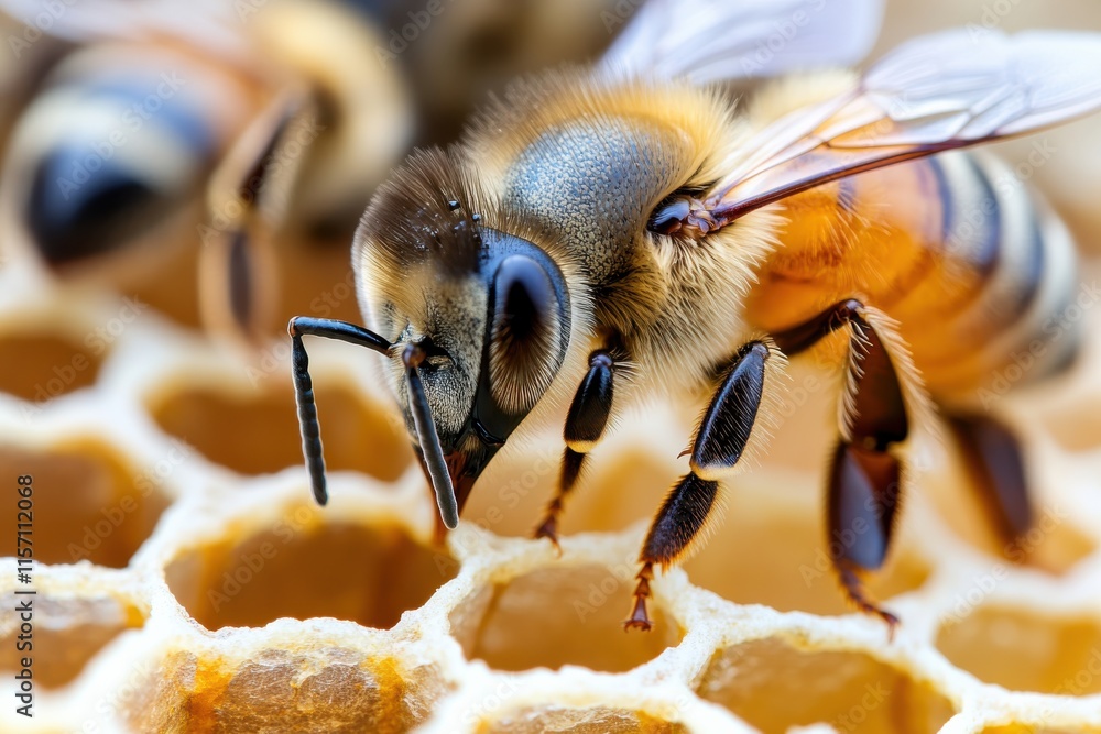 An up-close view highlights the intricate details of a bee working on its honeycomb structure, showcasing the beauty of nature's design and the stellar work of pollinators. An up-close view highlights the intricate details of a bee working on its honeycomb structure, showcasing the beauty of nature's design and the stellar work of pollinators.