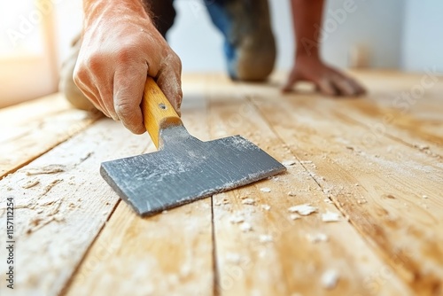 A close-up of a worker using a spatula tool to refinish a wooden floor, emphasizing the hands-on process and dedication required for such detailed craftsmanship.