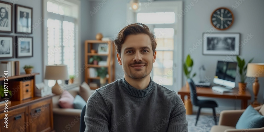 A man is sitting in a living room with a clock on the wall. He is smiling and looking at the camera. The room has a cozy and comfortable atmosphere with a couch, chairs, and a potted plant A man is sitting in a living room with a clock on the wall. He is smiling and looking at the camera. The room has a cozy and comfortable atmosphere with a couch, chairs, and a potted plant