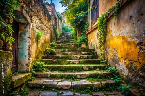 Worn Stone Staircase Leading Upwards - Rustic Architectural Detail Stock Photo photo