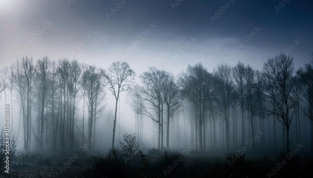 Fototapeta premium Sinister Misty Forest Cloaked in Dense Fog, Hiding Hidden Dangers