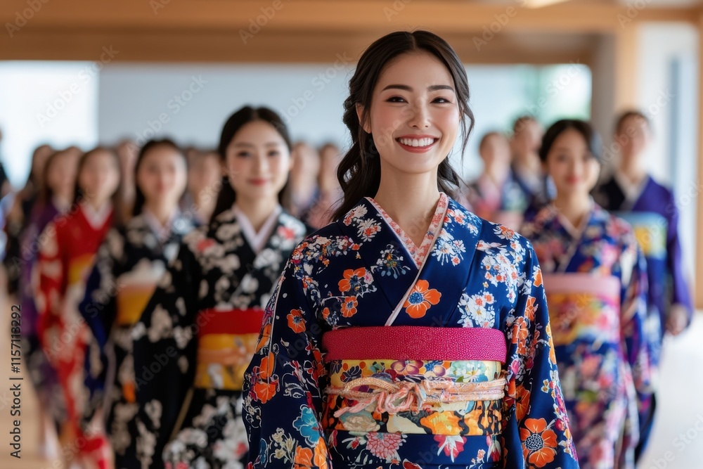 A vibrant gathering of women wearing traditional kimonos adorned with intricate floral patterns, showcasing the rich culture and elegance of Japanese attire in a modern setting. A vibrant gathering of women wearing traditional kimonos adorned with intricate floral patterns, showcasing the rich culture and elegance of Japanese attire in a modern setting.