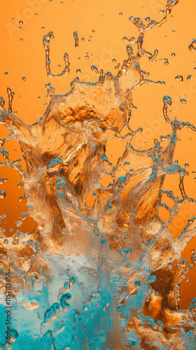 Water splashing on a brown and blue background, with water waves. Macro photography showcases the orange, teal, and amber colors in a hyper-realistic style. photo