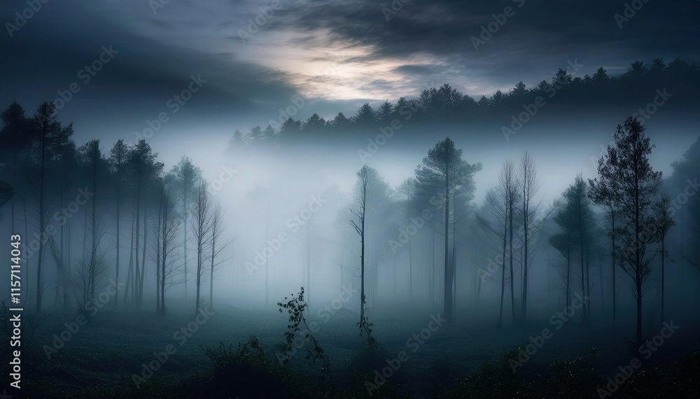 Sinister Misty Forest Cloaked in Dense Fog, Hiding Hidden Dangers Sinister Misty Forest Cloaked in Dense Fog, Hiding Hidden Dangers