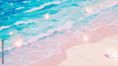 A beach with crystal-clear water, a close-up of the edge of white sand and blue waves photo